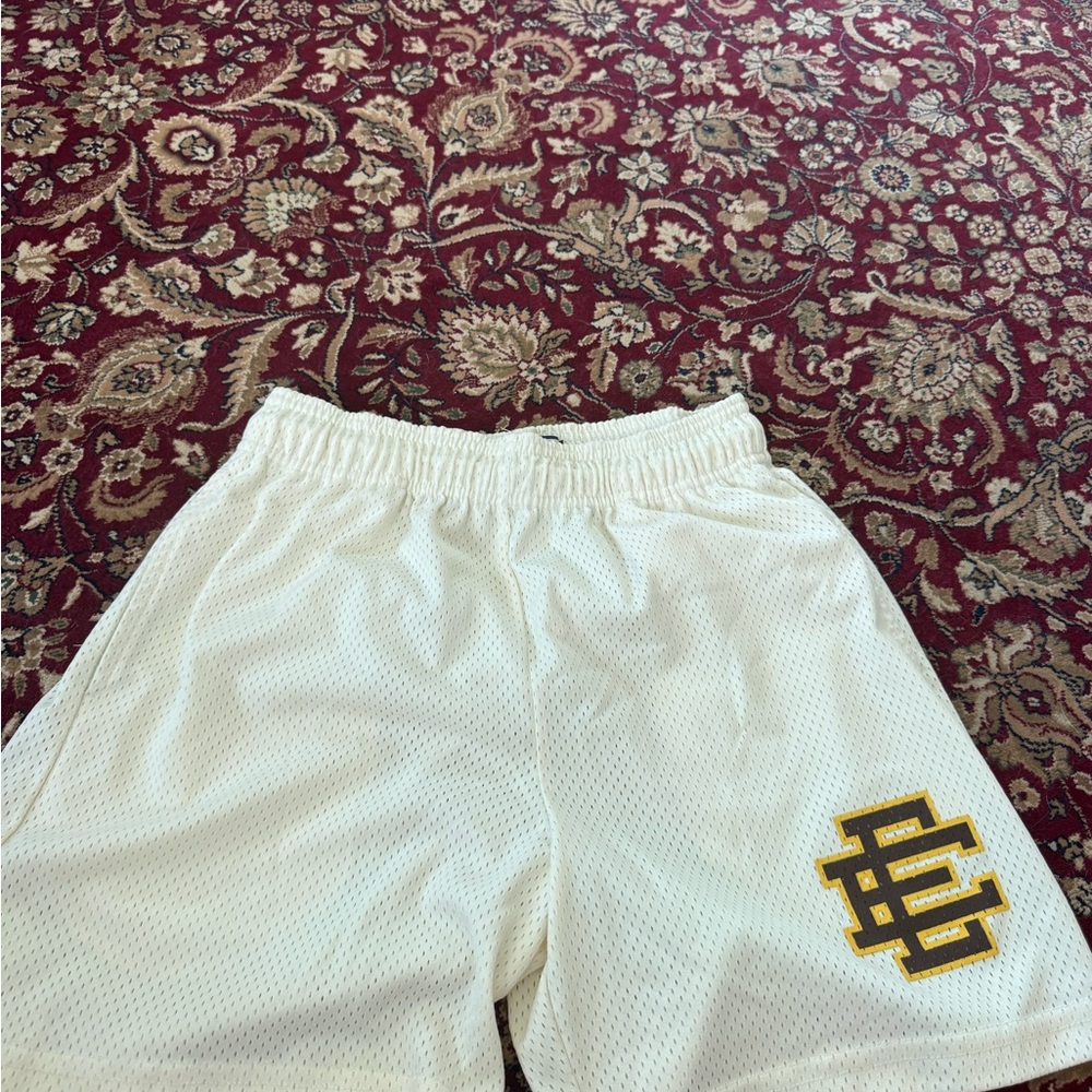 Eric Emanuel White Mesh Shorts with Gold Logo